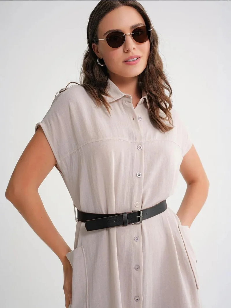 MixRay Stone Natural Mixray Midi Dress with Belt Detail and Buttoned Collar for Women | Best Price UAE