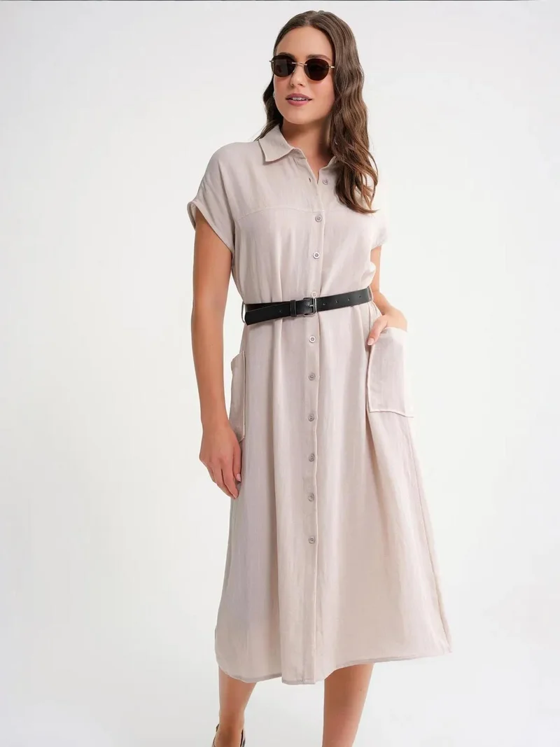 MixRay Mixray Midi Dress with Belt Detail and Buttoned Collar
