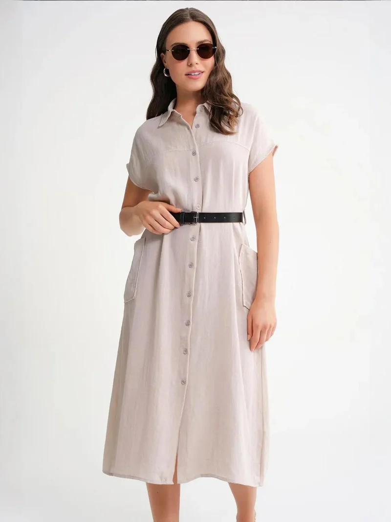 MixRay Stone Natural Mixray Midi Dress with Belt Detail and Buttoned Collar for Women | Best Price UAE