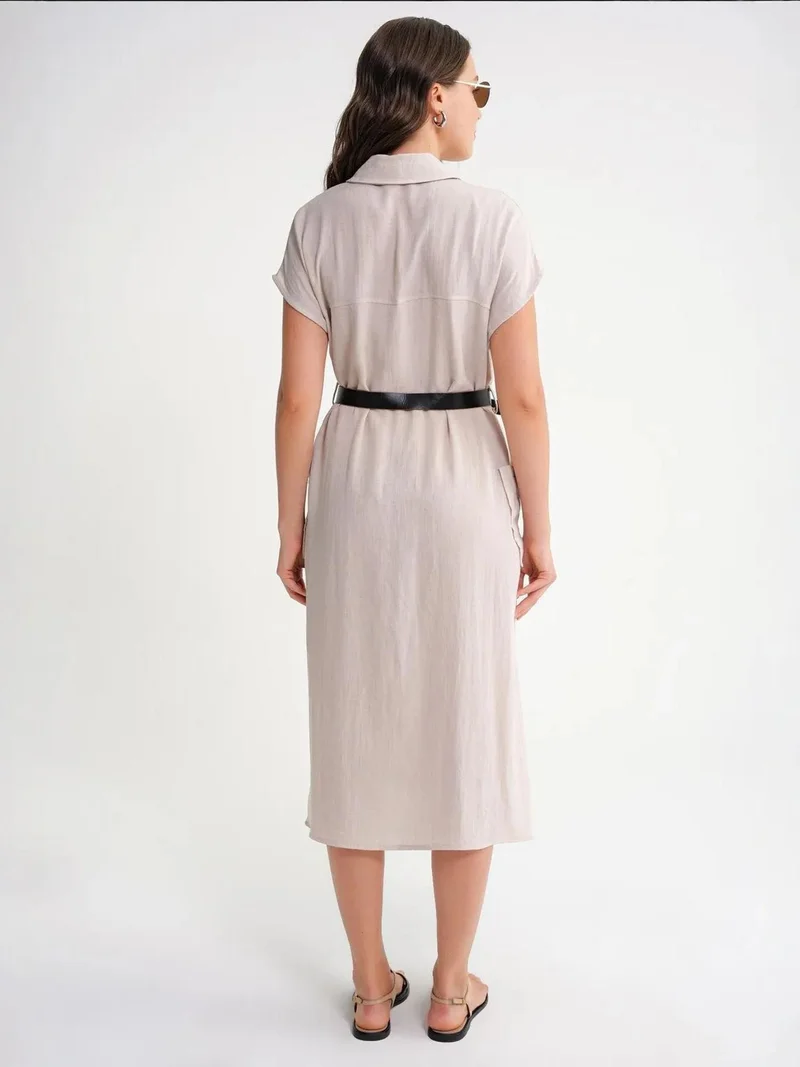 MixRay Stone Natural Mixray Midi Dress with Belt Detail and Buttoned Collar for Women | Best Price UAE