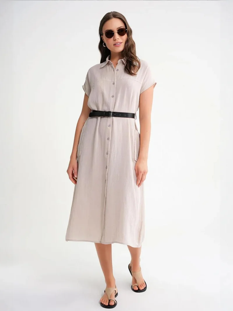 MixRay Stone Natural Mixray Midi Dress with Belt Detail and Buttoned Collar for Women | Best Price UAE
