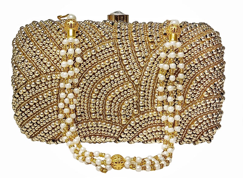 DUCHESS Women's Velvet Pearl Box Clutch with Detachable Chain Sling Strap - Hand Clutch Wallet Purse for Wedding Party, Casual (Golden, 7 x2x 4 inches) - Image 2