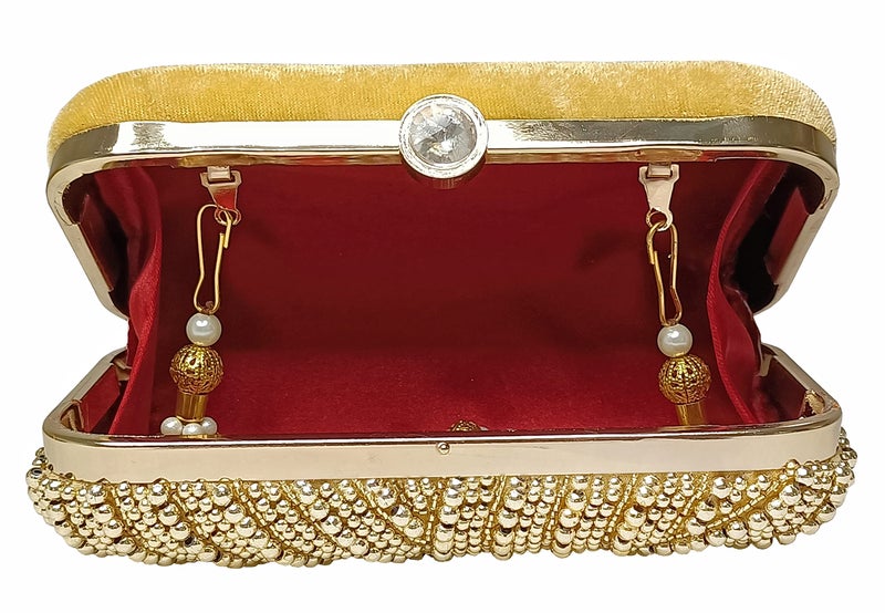 DUCHESS Women's Velvet Pearl Box Clutch with Detachable Chain Sling Strap - Hand Clutch Wallet Purse for Wedding Party, Casual (Golden, 7 x2x 4 inches) - Image 4