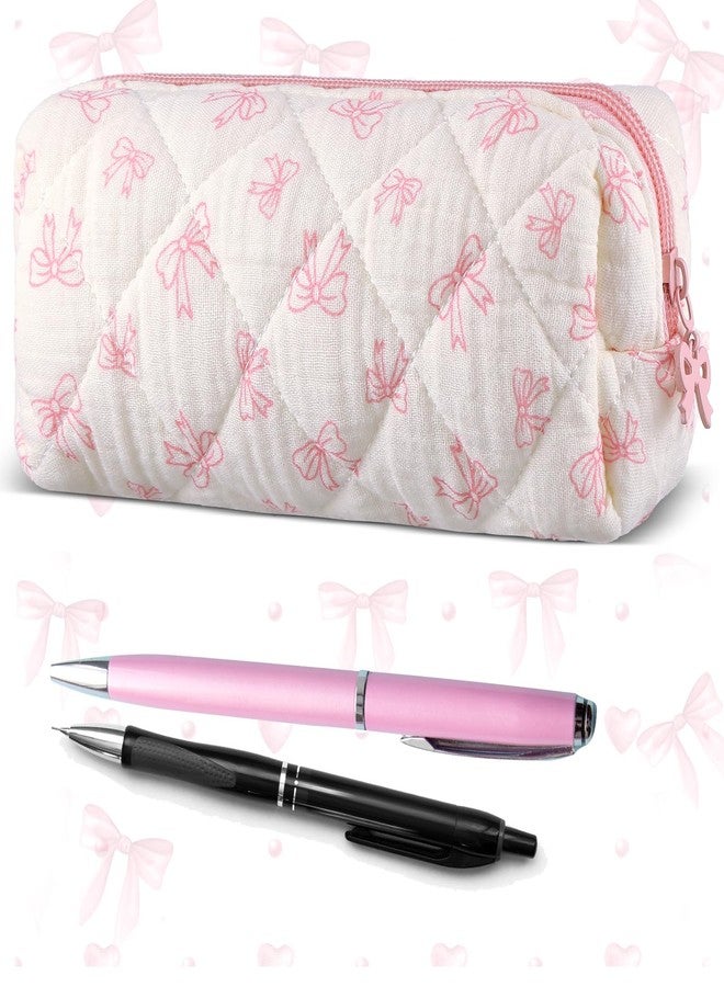 Sherr Coquette Bow Pencil Case Pink Bow Cute Pencil Pouch Soft Cotton Storage Bag Aesthetic Pattern Gift Makeup Pouch Cosmetic Bag for Women - Image 1