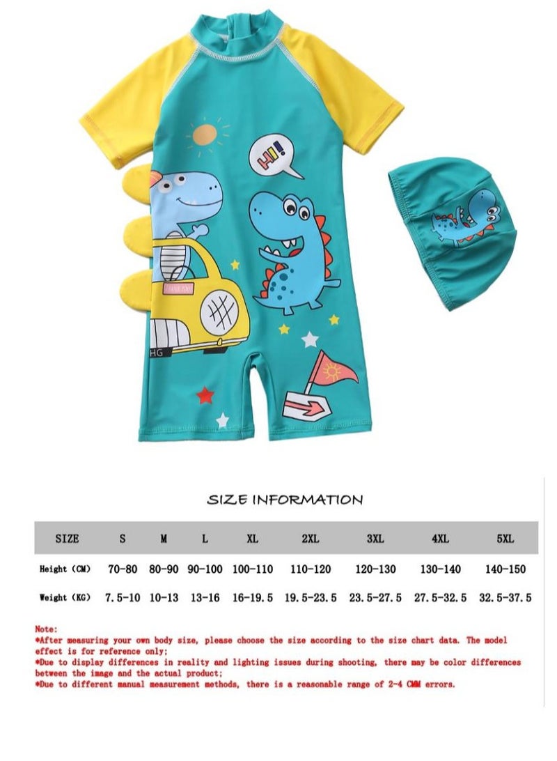 Y&D 2-piece fashionable boy cartoon printed one piece swimsuit short sleeved sun protection children's water sports with hat 90-100cm - Image 3