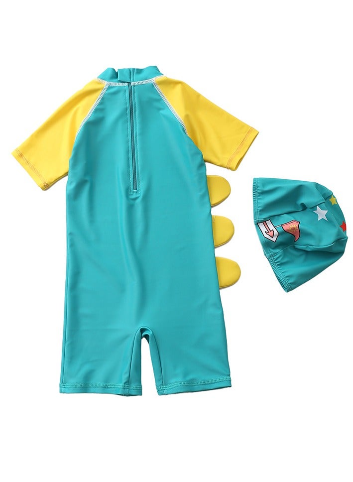 Y&D 2-piece fashionable boy cartoon printed one piece swimsuit short sleeved sun protection children's water sports with hat 90-100cm - Image 2