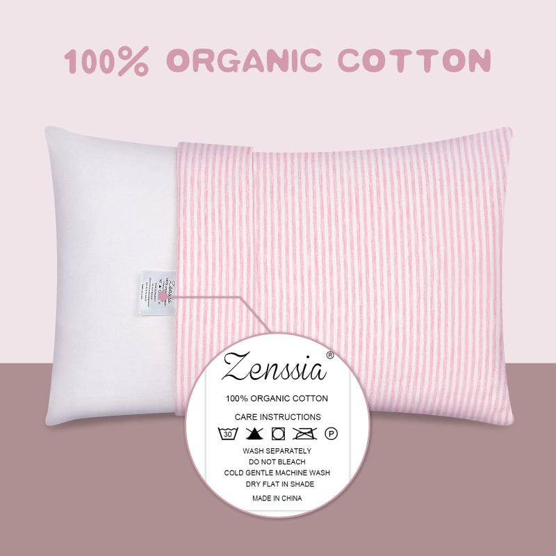 Zenssia Organic Cotton Toddler Pillowcase/Travel Pillowcase Pack of 2 Set 13x18 Inches with Envelope Closure - Soft & Breathable Baby Pillow Case Cover Pink Stripe - Image 2