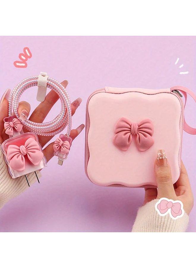 Pink 6pcs Data Cable Protector Set with Storage Bag Spiral Cord Organizer for iPhone - Image 1