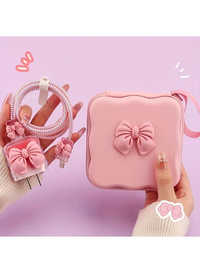 Pink 6pcs Data Cable Protector Set with Storage Bag Spiral Cord Organizer for iPhone - Image 2