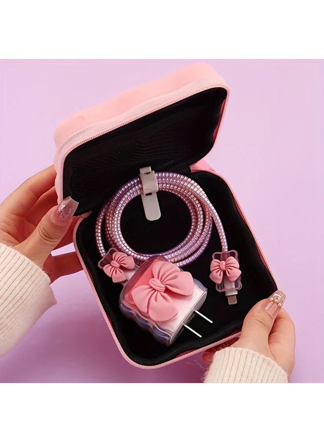 Pink 6pcs Data Cable Protector Set with Storage Bag Spiral Cord Organizer for iPhone - Image 3