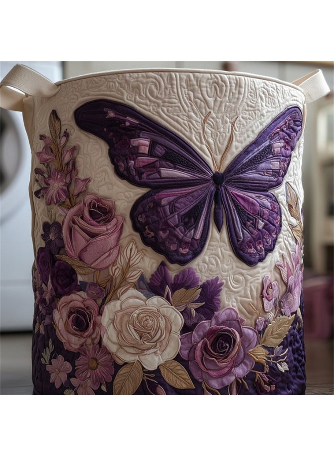 Elegant Purple Butterfly And Rose Quilted Laundry Hamper – Romantic Floral Fabric Laundry Basket – Collapsible Storage Basket For Bathroom, Laundry Room, And Bedroom – Bohemian Home Decor – Gift For Floral And Butterfly Lovers - Image 5