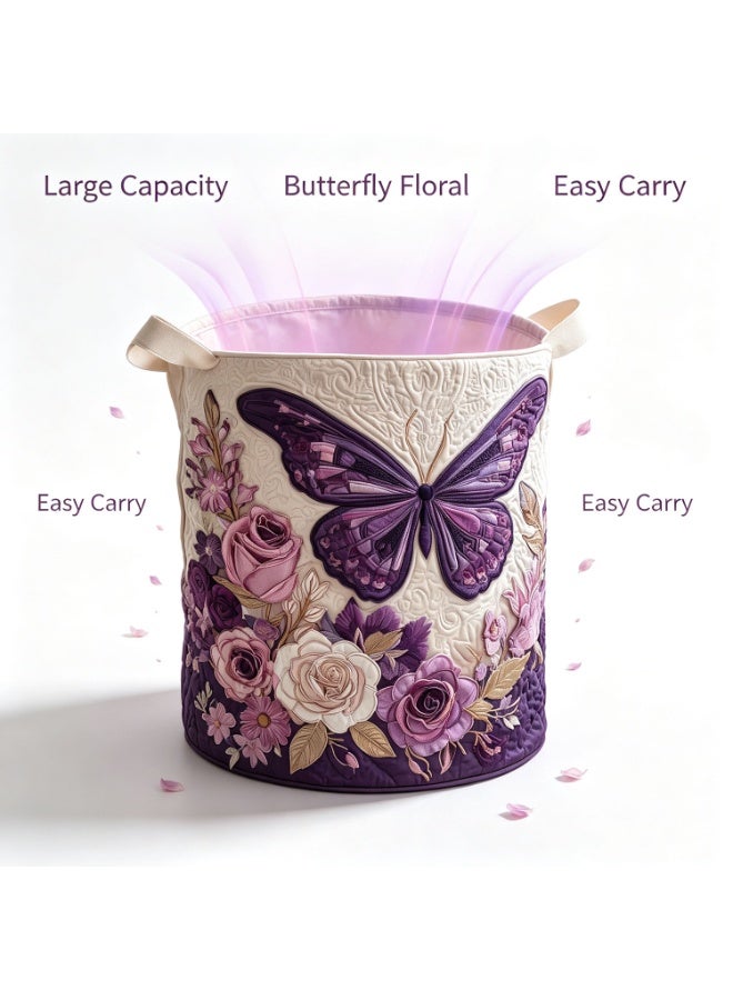 Elegant Purple Butterfly And Rose Quilted Laundry Hamper – Romantic Floral Fabric Laundry Basket – Collapsible Storage Basket For Bathroom, Laundry Room, And Bedroom – Bohemian Home Decor – Gift For Floral And Butterfly Lovers - Image 1