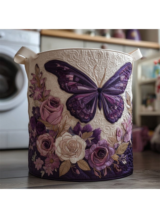 Elegant Purple Butterfly And Rose Quilted Laundry Hamper – Romantic Floral Fabric Laundry Basket – Collapsible Storage Basket For Bathroom, Laundry Room, And Bedroom – Bohemian Home Decor – Gift For Floral And Butterfly Lovers - Image 4