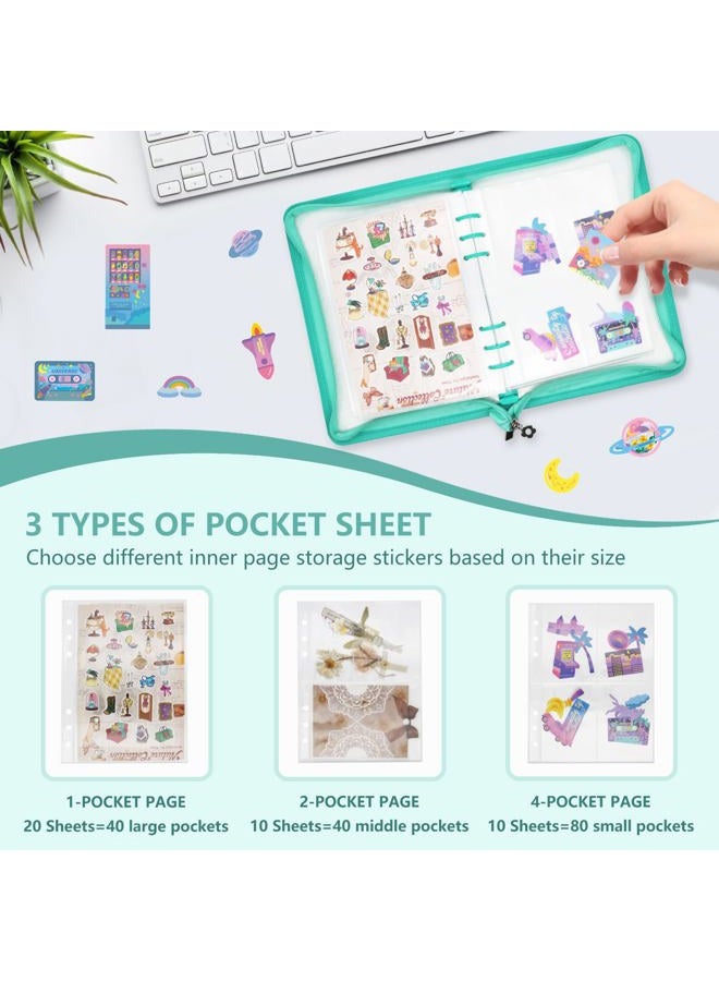 Ruatu Sticker Organizer Binder Sticker Storage Album A5 Sticker Book Collecting Album for Collecting Sticker Reusable Sticker Keeper Holder Book for Adult with Pockets and Zipper (Cyan) - Image 3