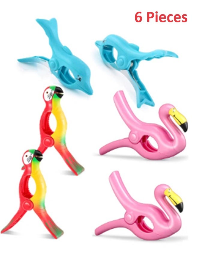 Generic - 6 Pieces Beach Towel Clips, Large Beach Towel Pegs Sunbed Towel Clips, Windproof, Laundry Clip Clothes Pegs for Sunbeds, Sun Loungers, Pool Chairs, Laundry (Flamingo + Parrot + Dolphin) - Image 1