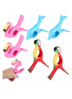 6 Pieces Beach Towel Clips, Large Beach Towel Pegs Sunbed Towel Clips, Windproof, Laundry Clip Clothes Pegs for Sunbeds, Sun Loungers, Pool Chairs, Laundry (Flamingo + Parrot + Dolphin)