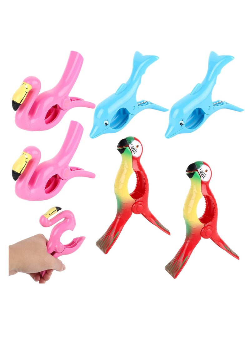 Generic - 6 Pieces Beach Towel Clips, Large Beach Towel Pegs Sunbed Towel Clips, Windproof, Laundry Clip Clothes Pegs for Sunbeds, Sun Loungers, Pool Chairs, Laundry (Flamingo + Parrot + Dolphin) - Image 1