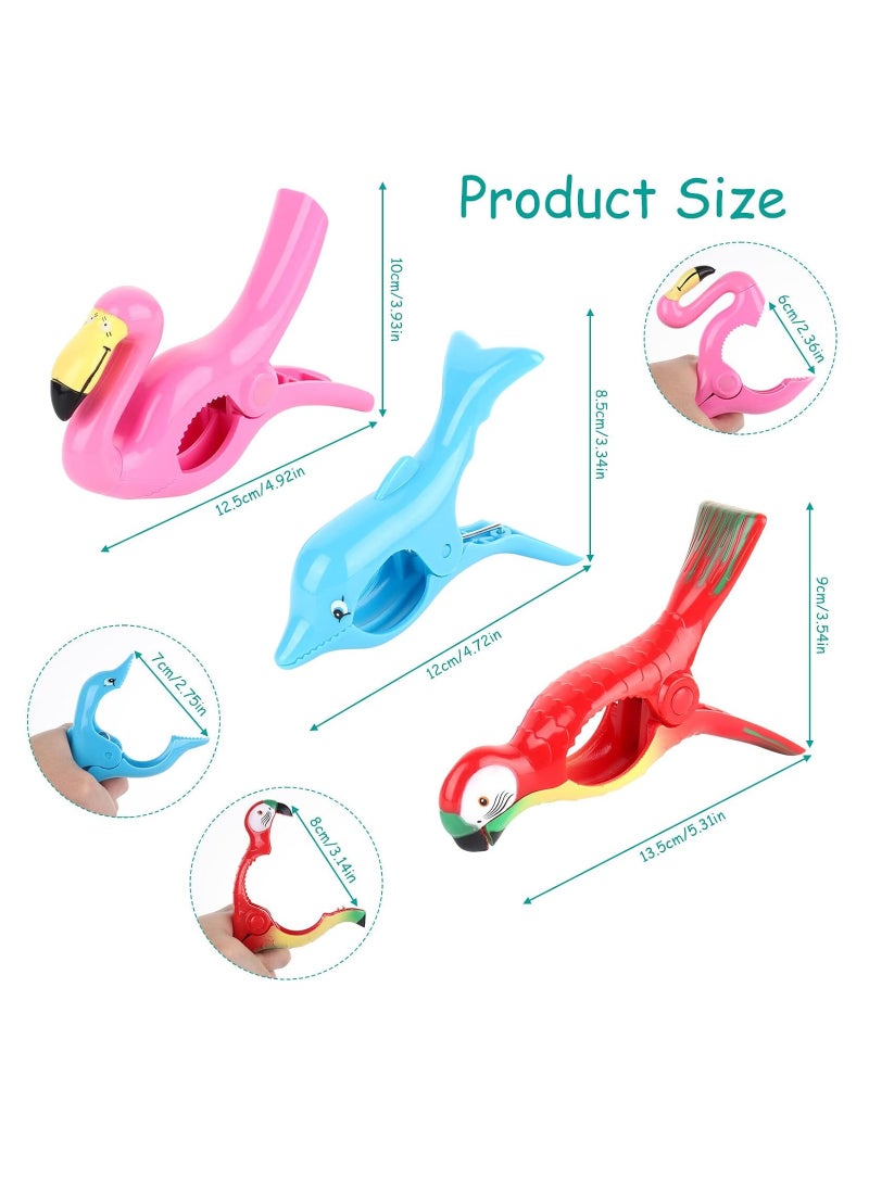 Generic - 6 Pieces Beach Towel Clips, Large Beach Towel Pegs Sunbed Towel Clips, Windproof, Laundry Clip Clothes Pegs for Sunbeds, Sun Loungers, Pool Chairs, Laundry (Flamingo + Parrot + Dolphin) - Image 1