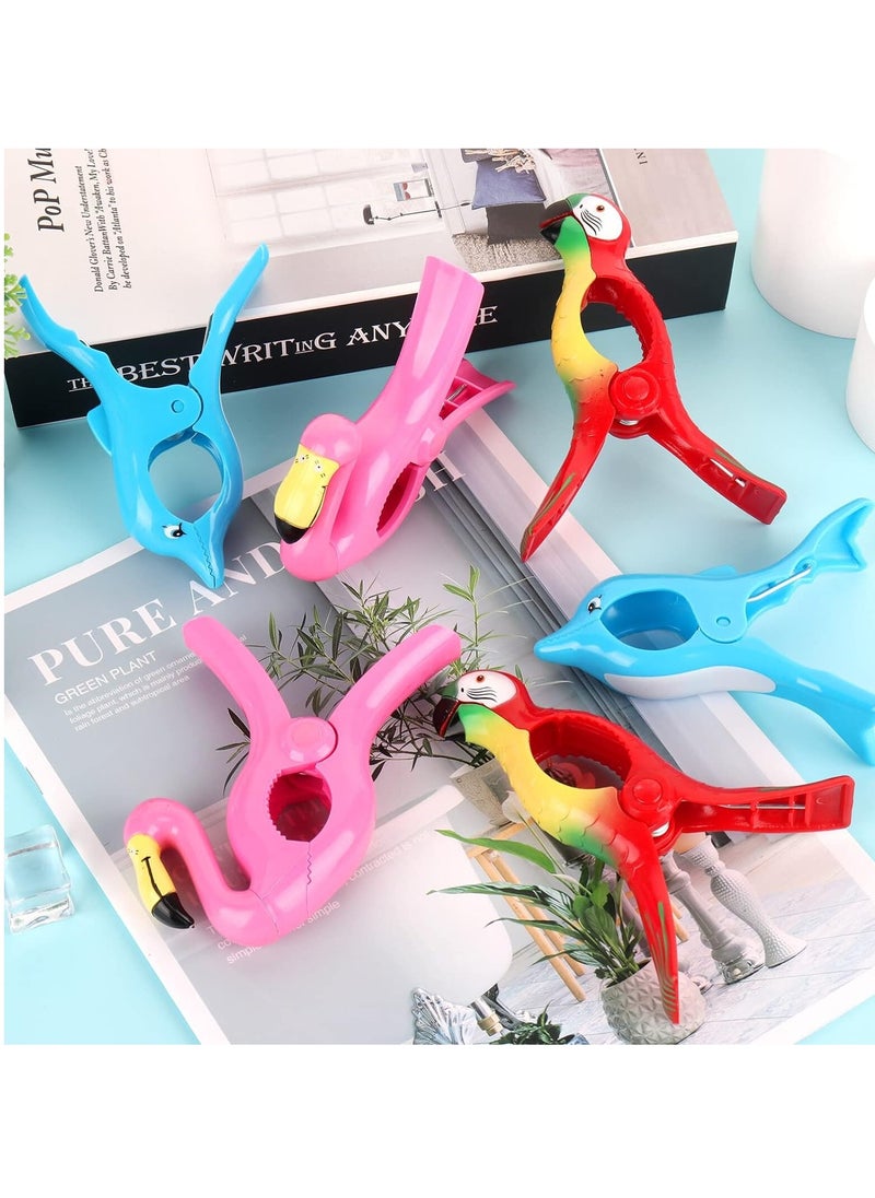 Generic - 6 Pieces Beach Towel Clips, Large Beach Towel Pegs Sunbed Towel Clips, Windproof, Laundry Clip Clothes Pegs for Sunbeds, Sun Loungers, Pool Chairs, Laundry (Flamingo + Parrot + Dolphin) - Image 1