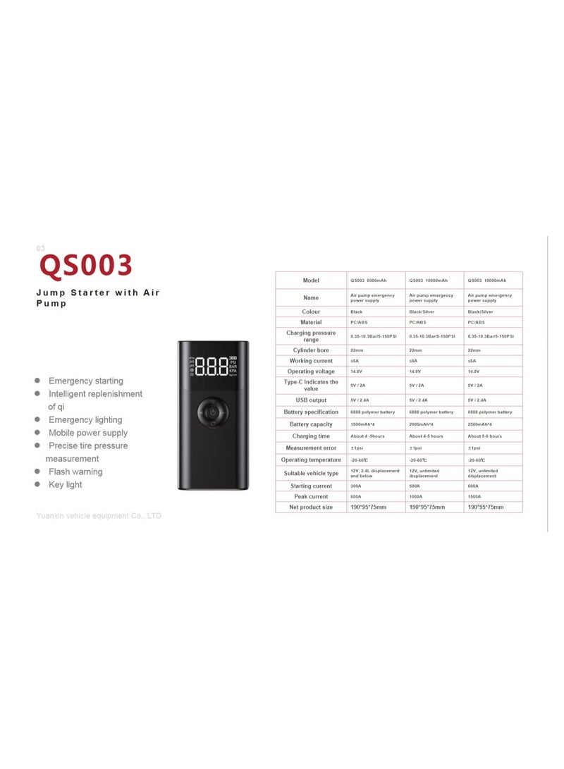 Generic QS003 Car Jump Starter with Air Compressor, 120PSI 1000A Car Battery Jump Starter, 12V Battery Pack with Type-C Charge, for 6.0L Gasoline and 3.0L Diesel Engines, 5 in 1  - Image 2