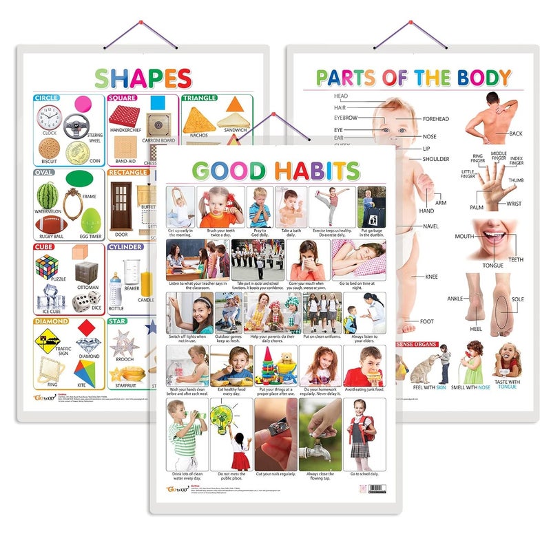 GoWoo Set of 3 Shapes, Parts of The Body and Good Habits Chart for Kids | 20"X30" inch |Non-Tearable and Waterproof | Double Sided Laminated | Perfect for Homeschooling, Kindergarten and Nursery Students - Image 1