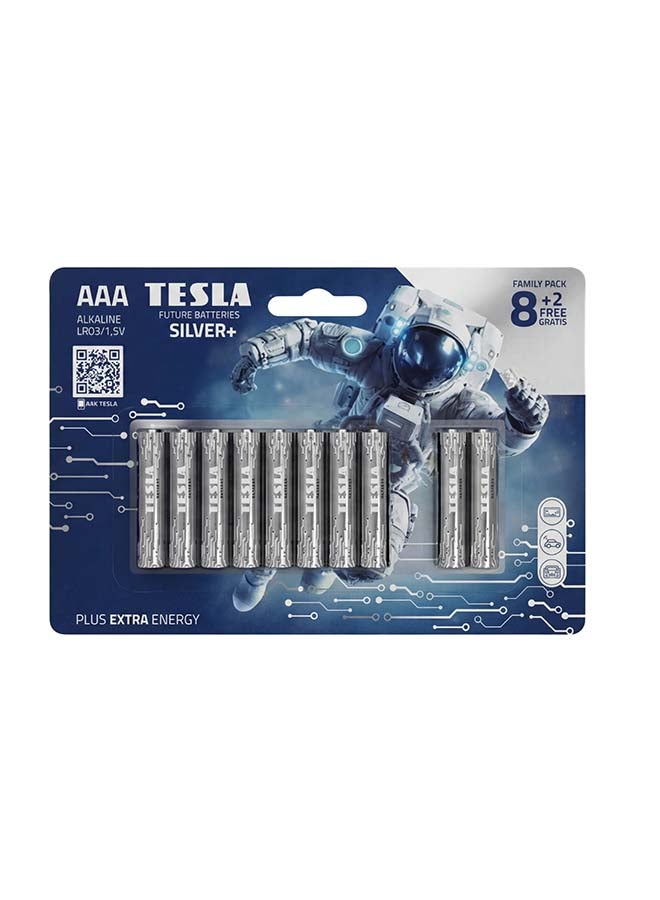 TESLA BATTERIES  AAA SILVER+ ALKALINE  LR03 1.5   (8+2)pcs - Image 1