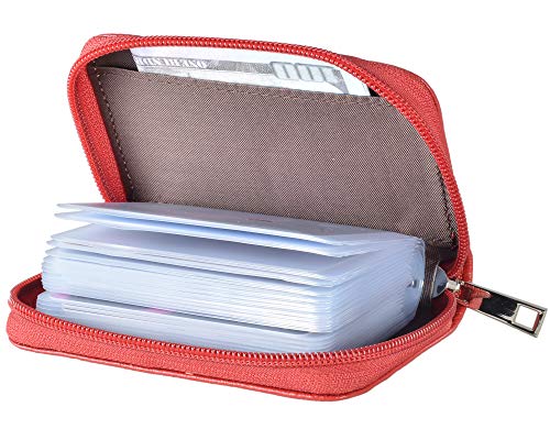 Easyoulife Genuine Leather Credit Card Holder Zipper Wallet With 26 Card Slots (Red) - Image 2