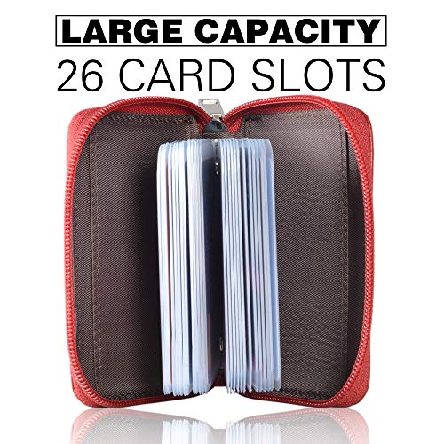 Easyoulife Genuine Leather Credit Card Holder Zipper Wallet With 26 Card Slots (Red) - Image 3