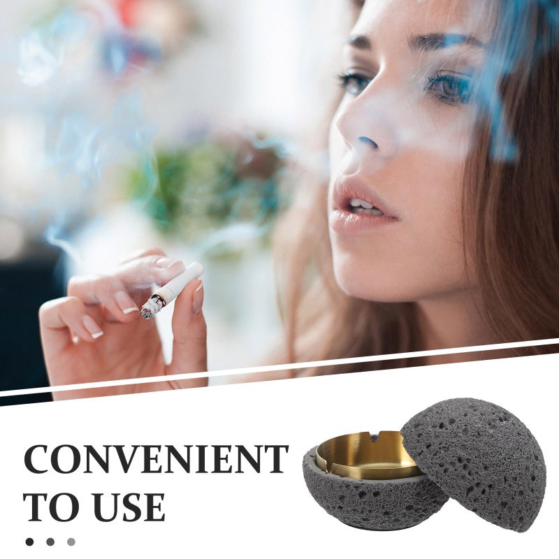 Large Round Ashtray with Lid Deep Gray Stone Color Decorative Smoking Ash Holder for Home Office - Image 4