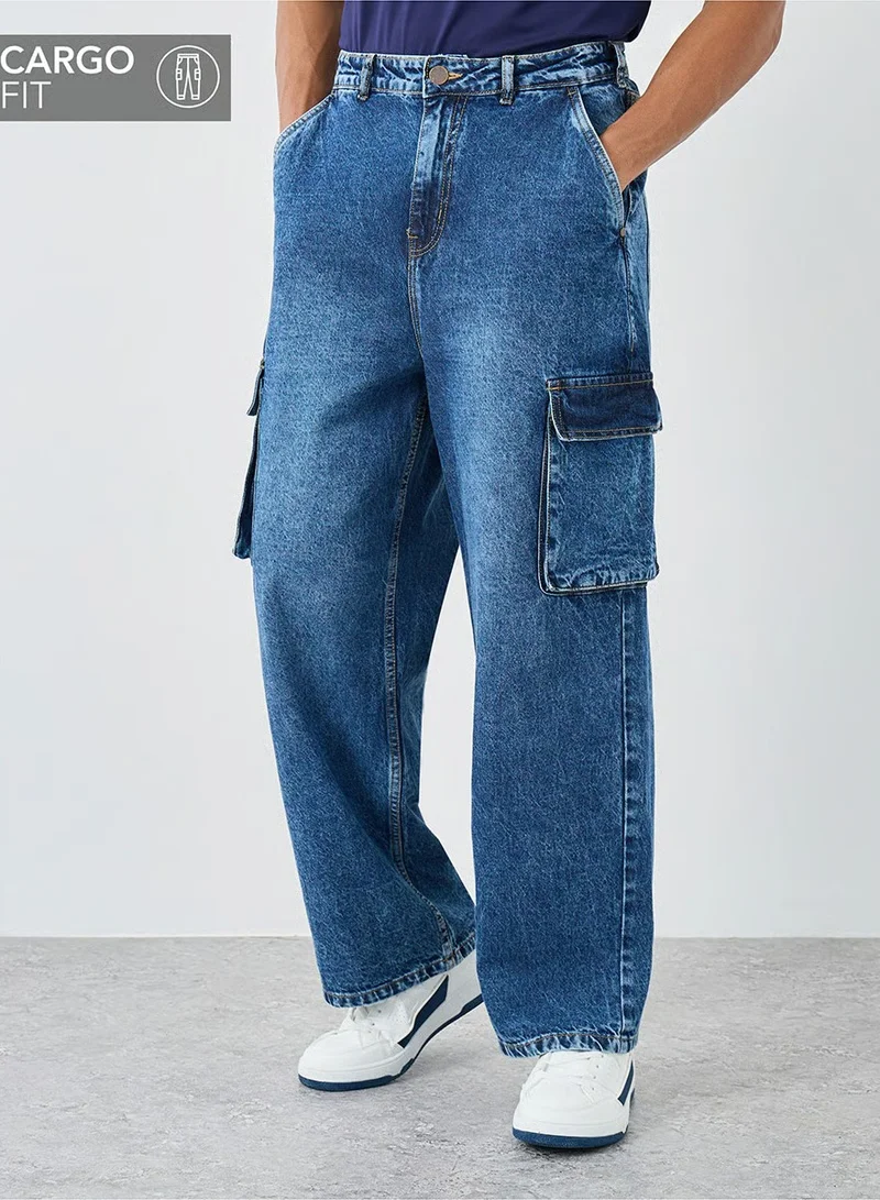 ستايلي جينز كارجو واسع الساق مغسول بخصر متوسط
