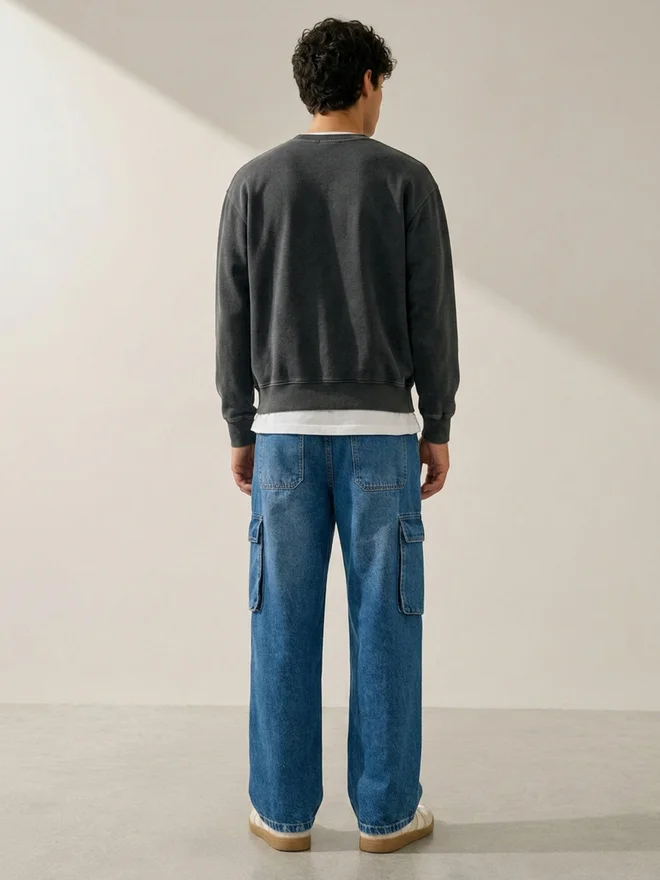 Styli  Mid Rise Washed Wide Leg Cargo Jeans for Men | Best Price UAE