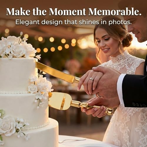 Homi styles Gold Elegant Cake Knife and Server Set, Cake Server and Knife Set of 2 with 420 Stainless Steel Plated Thick Blades, Cake Cutting Set for Wedding, Birthdays, Anniversaries, and Parties - Image 2