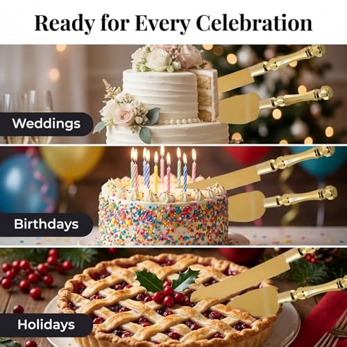 Homi styles Gold Elegant Cake Knife and Server Set, Cake Server and Knife Set of 2 with 420 Stainless Steel Plated Thick Blades, Cake Cutting Set for Wedding, Birthdays, Anniversaries, and Parties - Image 4