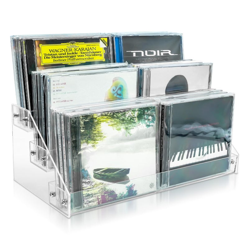 Philbinden 3Tier Clear Acrylic CD Holder Cascading CD Storage Rack,DVD/CD Display Rack & Vinyl Record Storage Stand Holds up to 24 Standard CD Cases for Media Shelf Storage and Organization (clear, Medium size) - Image 1