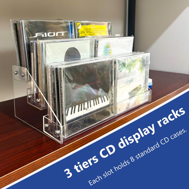 Philbinden 3Tier Clear Acrylic CD Holder Cascading CD Storage Rack,DVD/CD Display Rack & Vinyl Record Storage Stand Holds up to 24 Standard CD Cases for Media Shelf Storage and Organization (clear, Medium size) - Image 5