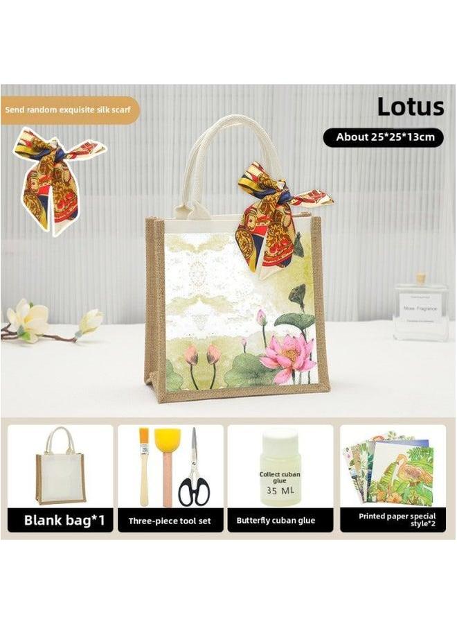 Section 38 Butterfly Gubart Canvas Bag Handbag Handmade DIY Creative Production Group Building Activity Gift Bag-Color:LB-N17 Lotus Material Includes Scissors Glue_vertical  - Image 1