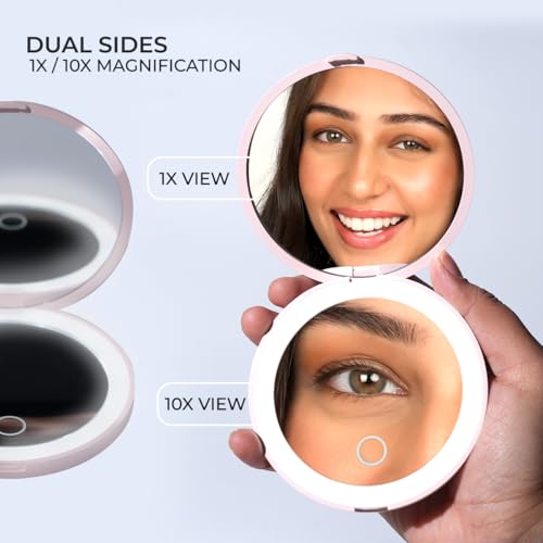 Skince Compact LED Mirror, Rechargeable with 10x/1x Magnifying & 3 Light Settings - Compact, Portable, Large Wide Hand Mirror for Handbag and Purses, C Type Charging, 30 Days Battery (Nude Pink) - Image 2