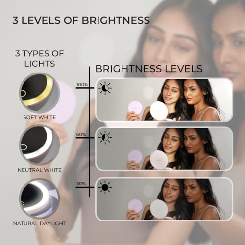 Skince Compact LED Mirror, Rechargeable with 10x/1x Magnifying & 3 Light Settings - Compact, Portable, Large Wide Hand Mirror for Handbag and Purses, C Type Charging, 30 Days Battery (Nude Pink) - Image 3