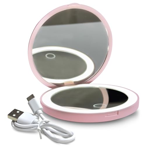 Skince Compact LED Mirror, Rechargeable with 10x/1x Magnifying & 3 Light Settings - Compact, Portable, Large Wide Hand Mirror for Handbag and Purses, C Type Charging, 30 Days Battery (Nude Pink) - Image 1