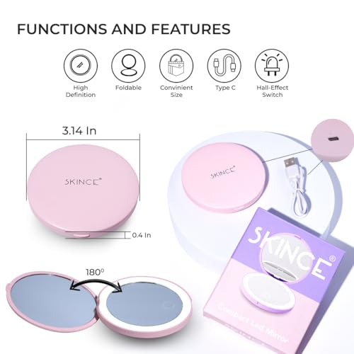 Skince Compact LED Mirror, Rechargeable with 10x/1x Magnifying & 3 Light Settings - Compact, Portable, Large Wide Hand Mirror for Handbag and Purses, C Type Charging, 30 Days Battery (Nude Pink) - Image 4