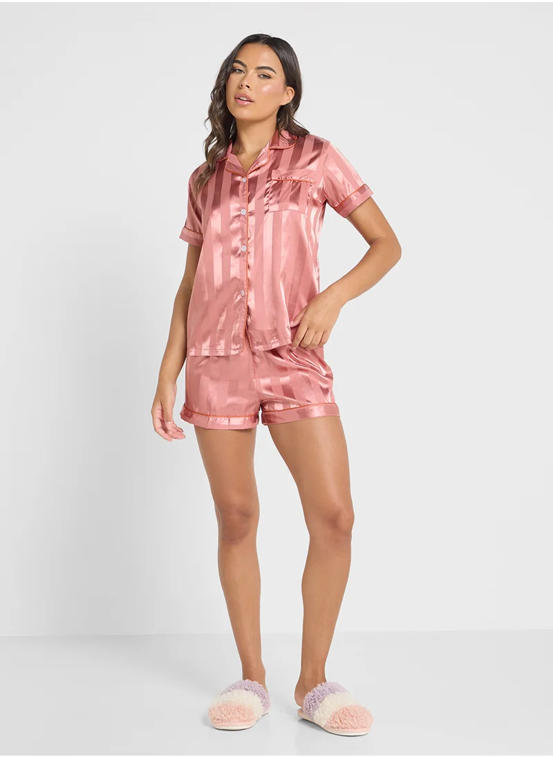 Ginger Self Stripe Satin Shirt & Short Pj Set