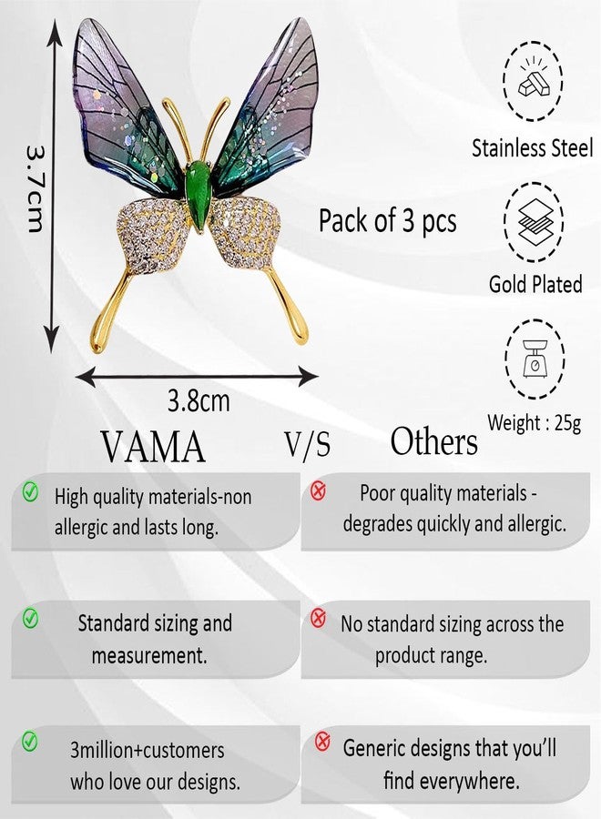 VAMA FASHIONS 18K 3 Pcs Gold Plated Multicolor Crystal Sparkling Cute Animal Butterfly Brooches Safety Pins Lightweight Brooch Saree Pins Combo For Women & Girls - Image 3