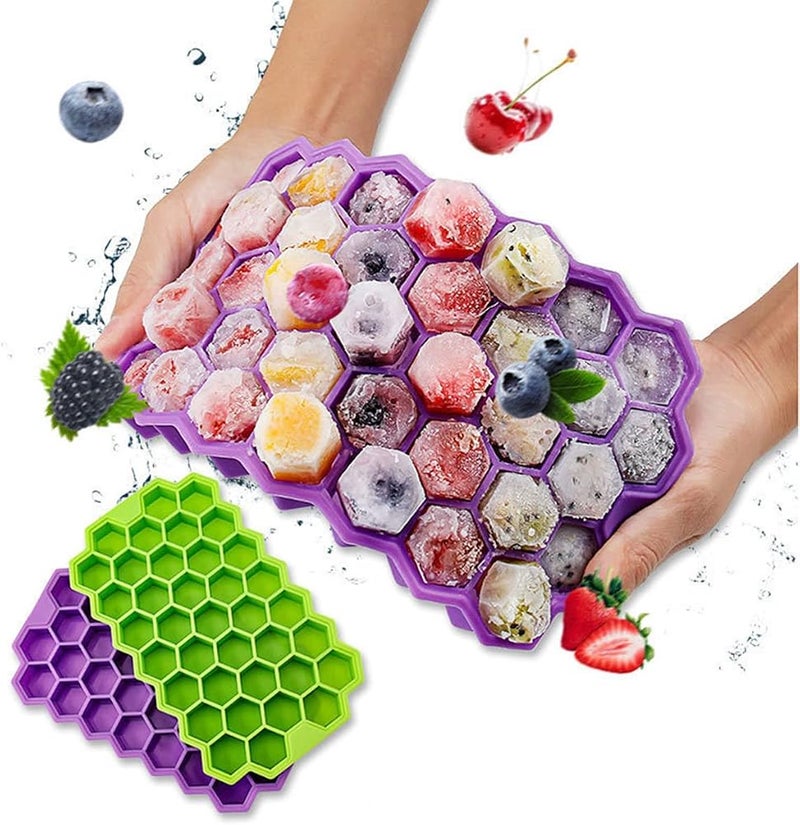 Ibama silicone flexible ice cube trays with lid, 37 cubes ice trays for chilled drinks, whiskey & cocktails, stackable honeycomb shape safe ice cube trays (purple) - Image 3