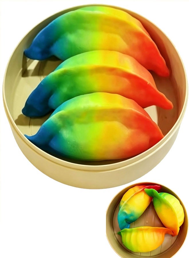 Slow Rising Rainbow Dumpling Squishy Toy, TPR Soft Gel Stress Reliever with Steamer Basket - Image 1