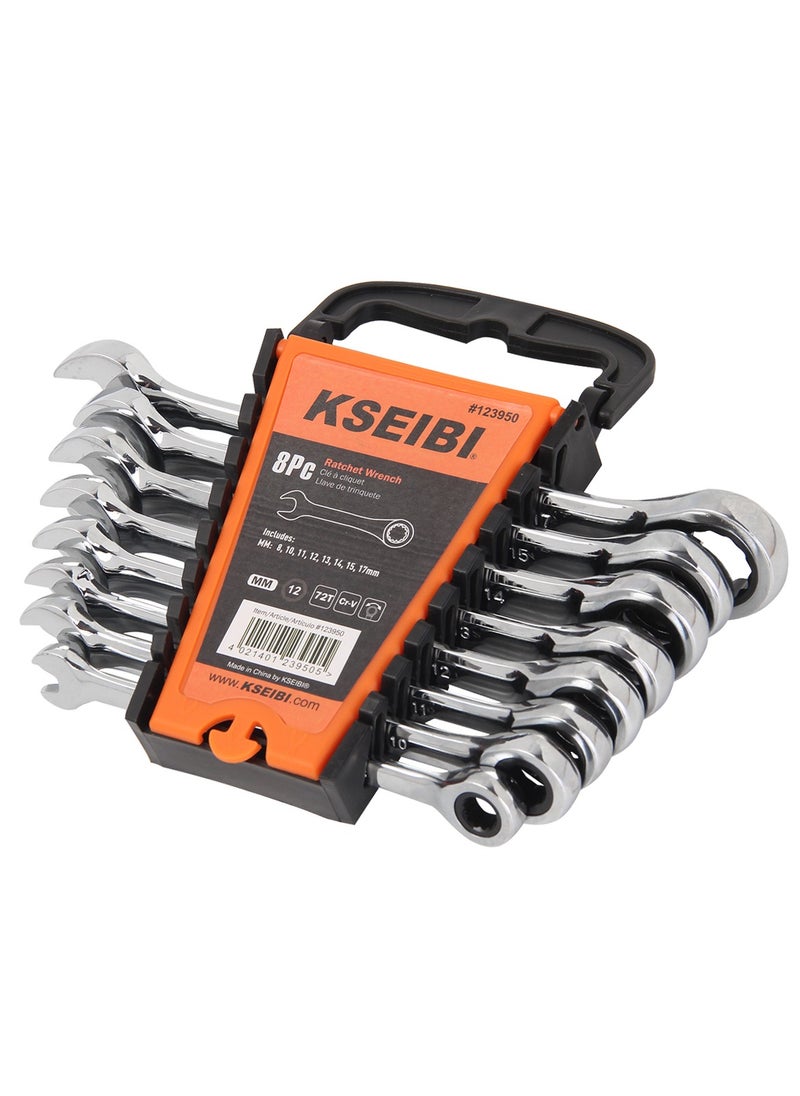 KSEIBI 8-Piece Ratchet Combination Spanner Set,8-17mm Metric Chrome Vanadium Steel Spanner with Plastic Tray, Fixed Head Open End Combination Wrench Set, loosening or tightening bolts, Automotive Maintenance  - Image 2
