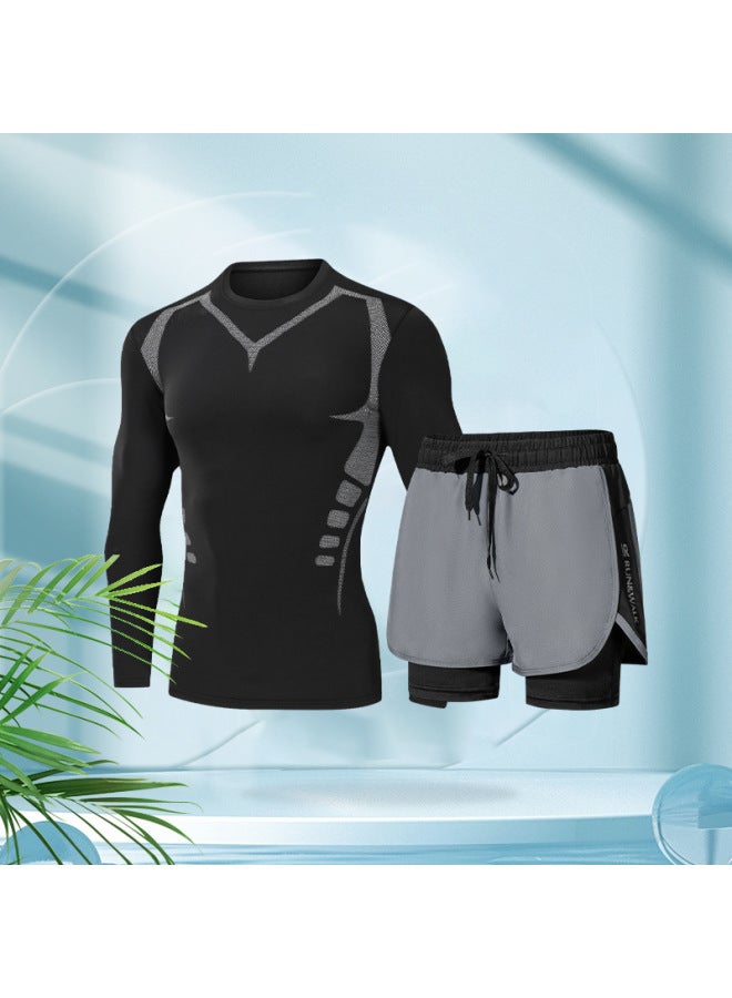 Loquat Swimwear Men's Summer Tight Quick-drying Clothes Ice Silk Sports Top Long-sleeved Double-layer Breathable Sunscreen Upper Body Swimsuit-Color:Beach Two-piece 【Summer Mountain Rubi】 Long Sleeve-  - Image 1