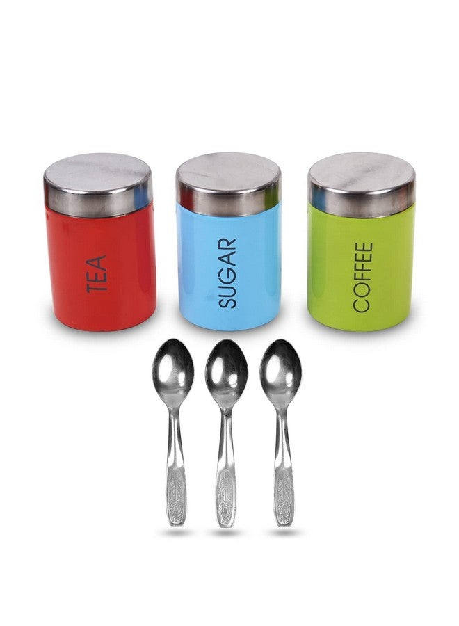 VISAXMI® Stainless Steel Tea Sugar Coffee Container Set of 3 | Tea Sugar Canister | Steel Canister Set for kitchen With 3 Spoons | Steel Containers (Pack of 3, Multicolor) - Image 5