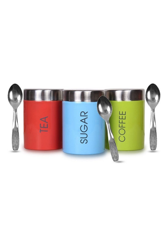 VISAXMI® Stainless Steel Tea Sugar Coffee Container Set of 3 | Tea Sugar Canister | Steel Canister Set for kitchen With 3 Spoons | Steel Containers (Pack of 3, Multicolor) - Image 1