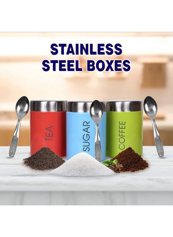 VISAXMI® Stainless Steel Tea Sugar Coffee Container Set of 3 | Tea Sugar Canister | Steel Canister Set for kitchen With 3 Spoons | Steel Containers (Pack of 3, Multicolor) - Image 2