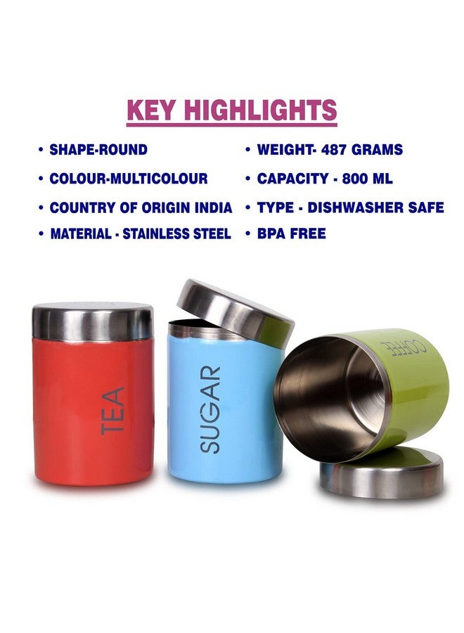 VISAXMI® Stainless Steel Tea Sugar Coffee Container Set of 3 | Tea Sugar Canister | Steel Canister Set for kitchen With 3 Spoons | Steel Containers (Pack of 3, Multicolor) - Image 3